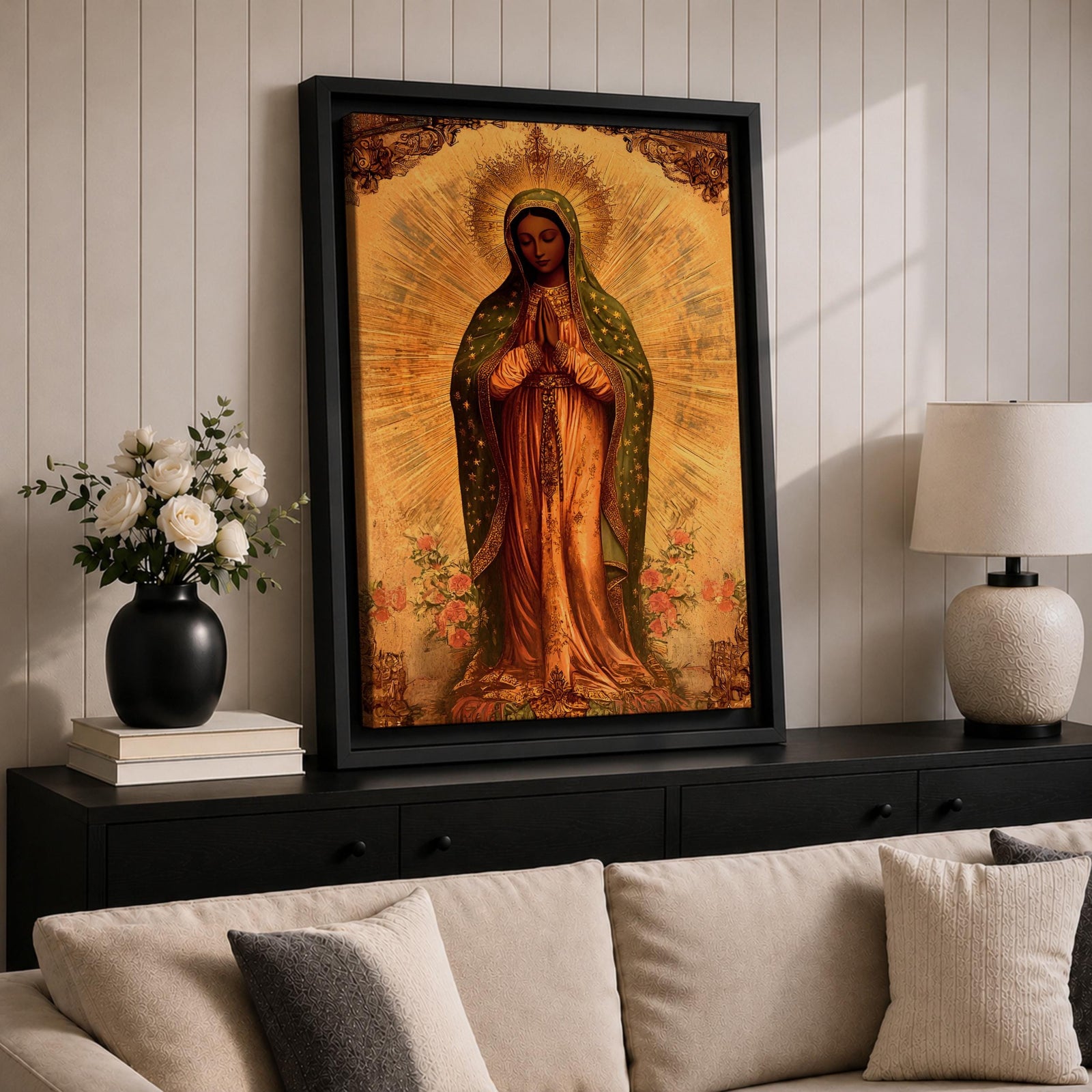 Our Lady of Guadalupe Wall Art La Morenita Framed Canvas Mexican Catholic Marian Decor