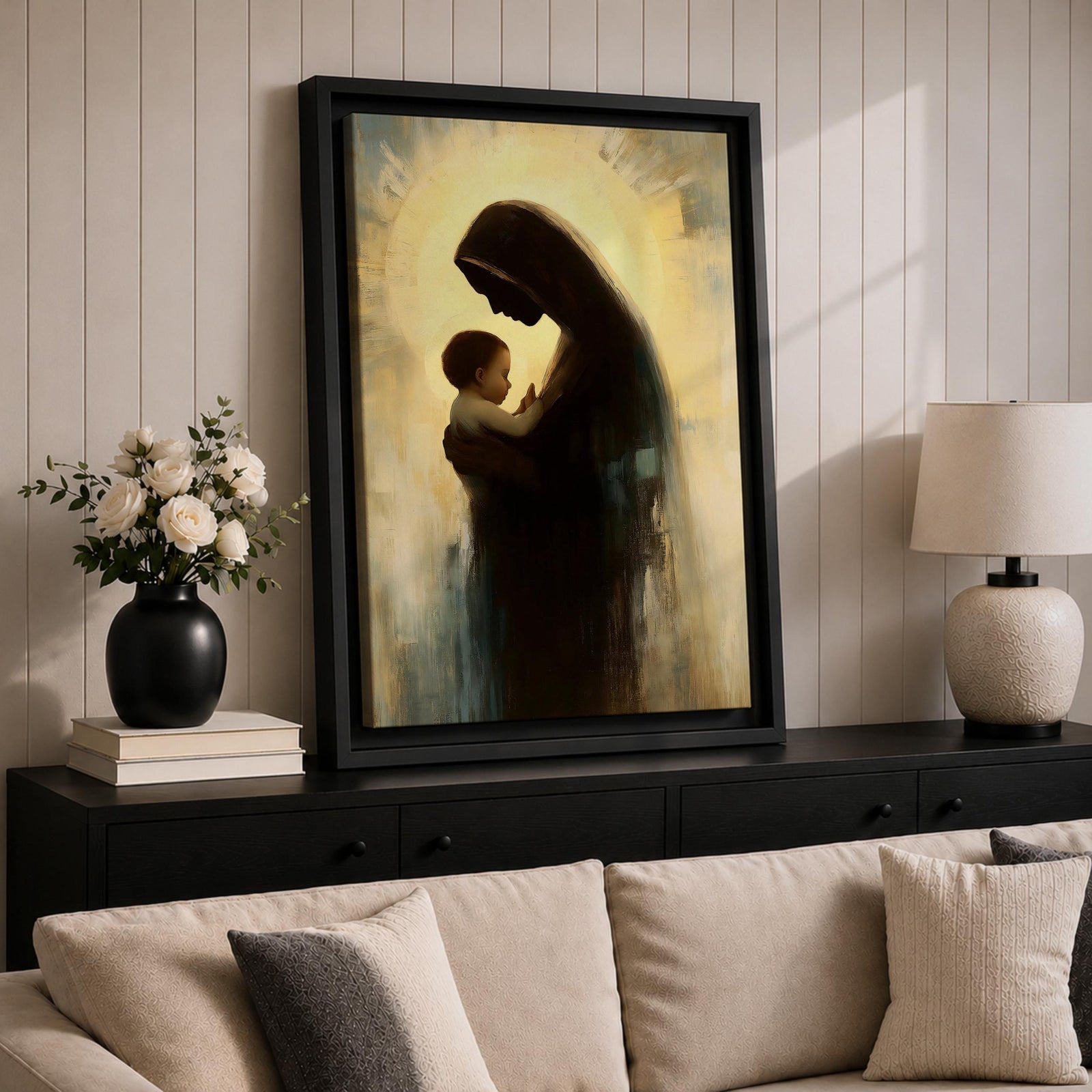 Virgin Mary and Baby Jesus Wall Art Madonna and Child Framed Canvas Christian Decor