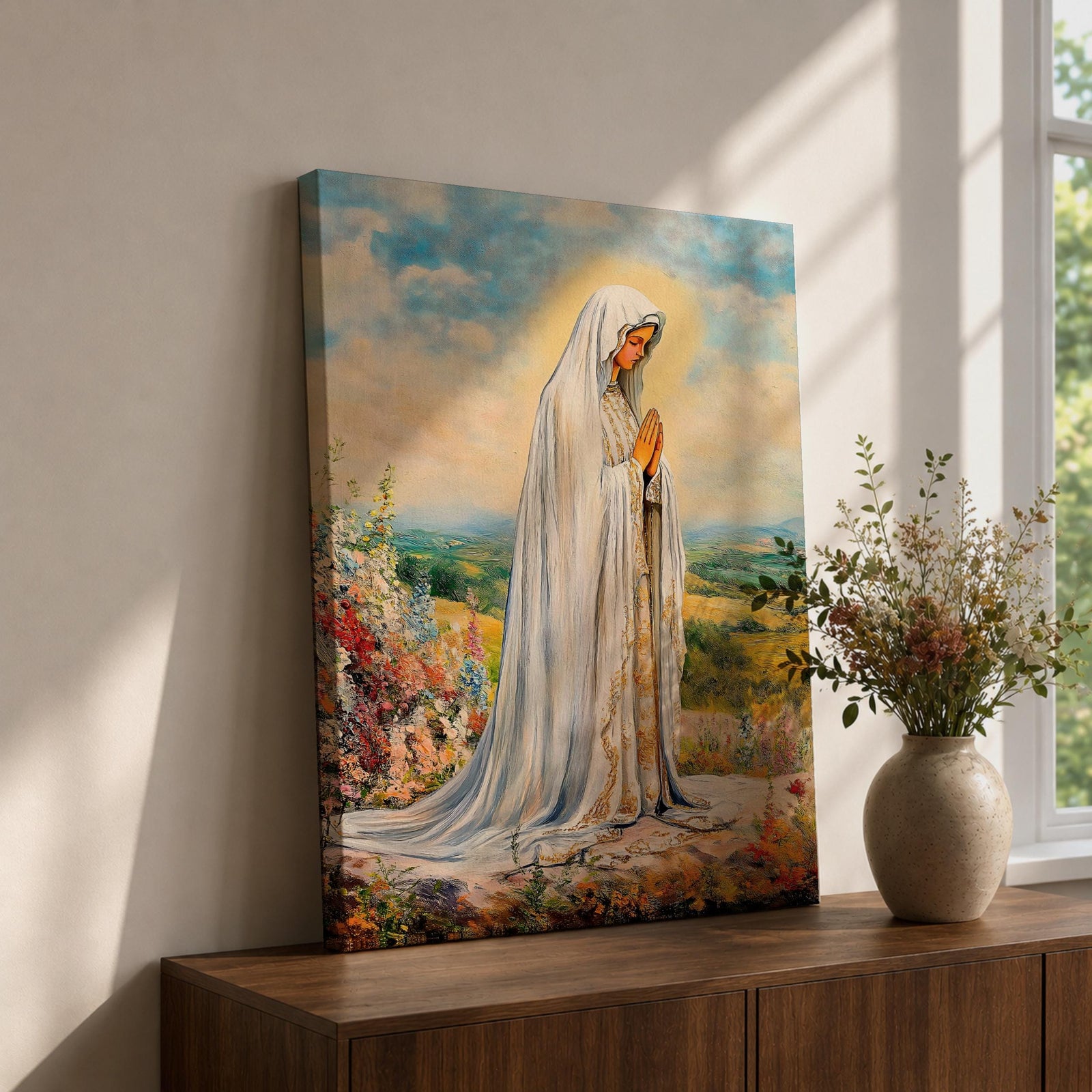 Our Lady of Fatima Wall Art Virgin Mary Apparition Framed Canvas Catholic Home Decor