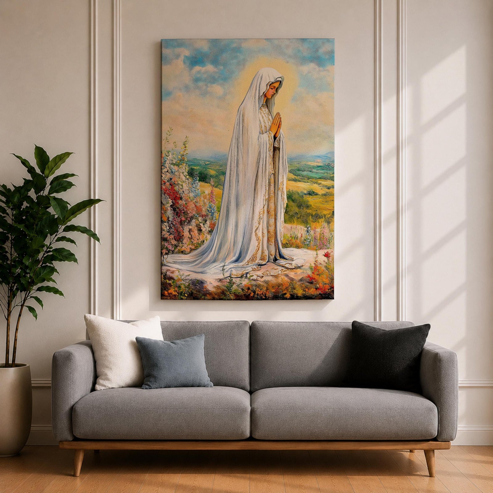 Our Lady of Fatima Wall Art Virgin Mary Apparition Framed Canvas Catholic Home Decor