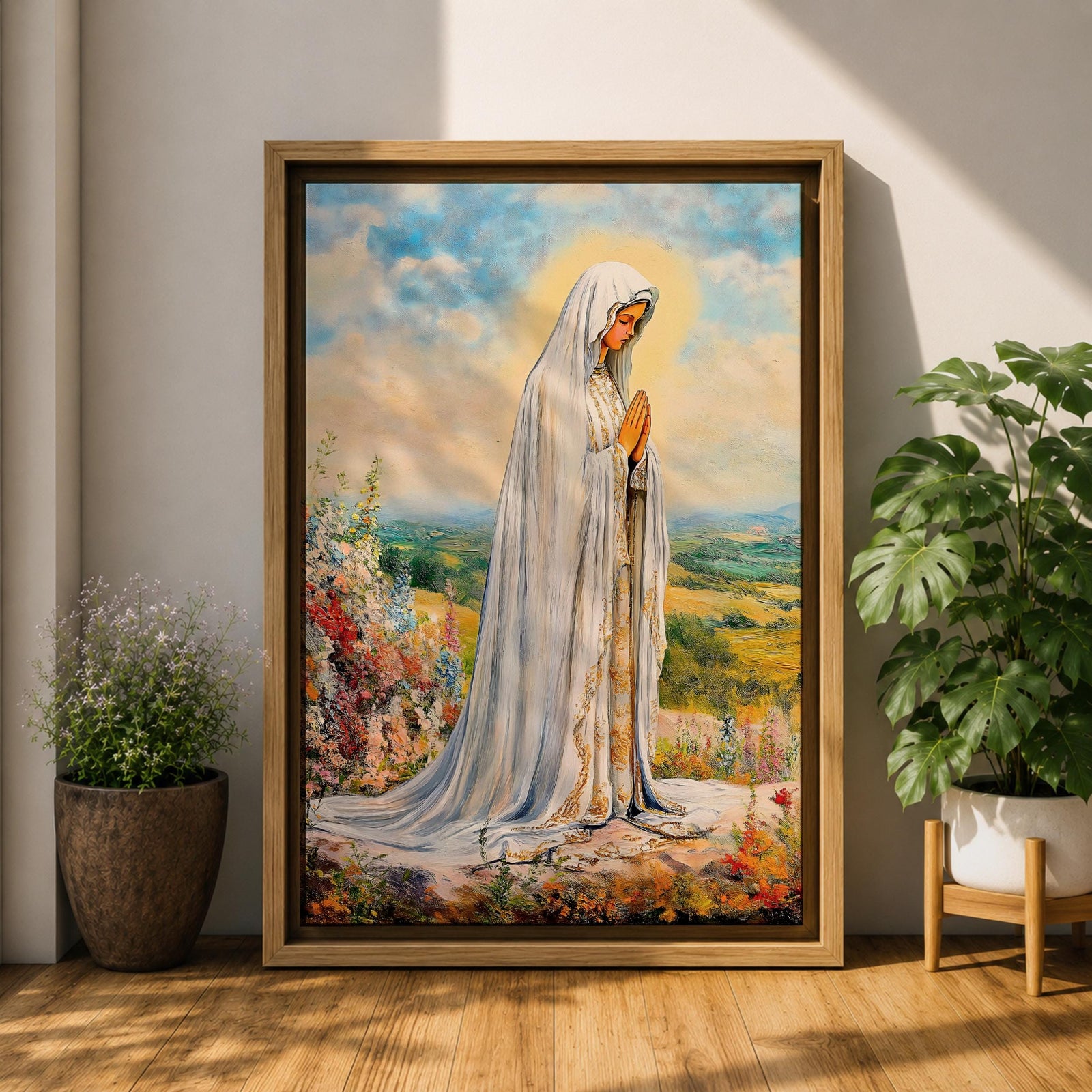 Our Lady of Fatima Wall Art Virgin Mary Apparition Framed Canvas Catholic Home Decor