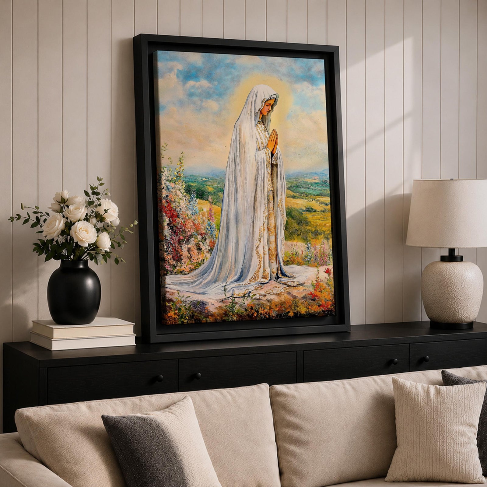 Our Lady of Fatima Wall Art Virgin Mary Apparition Framed Canvas Catholic Home Decor
