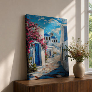 Santorini Village Wall Art Greek Island Street Framed Canvas Mediterranean Coastal Landscape Kitchen Decor