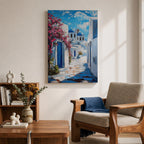 Santorini Village Wall Art Greek Island Street Framed Canvas Mediterranean Coastal Landscape Kitchen Decor