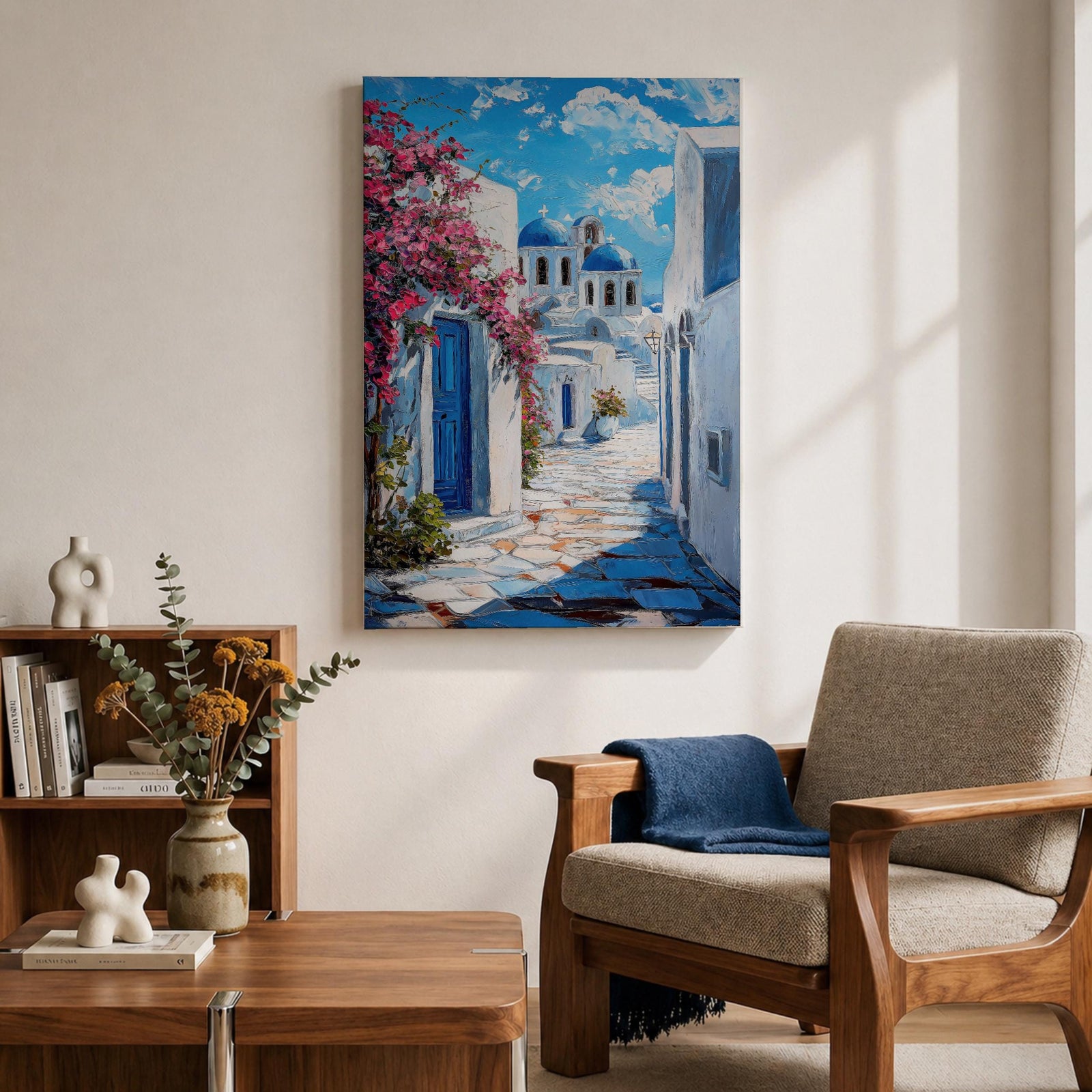 Santorini Village Wall Art Greek Island Street Framed Canvas Mediterranean Coastal Landscape Kitchen Decor