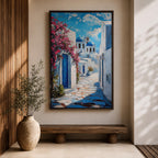 Santorini Village Wall Art Greek Island Street Framed Canvas Mediterranean Coastal Landscape Kitchen Decor