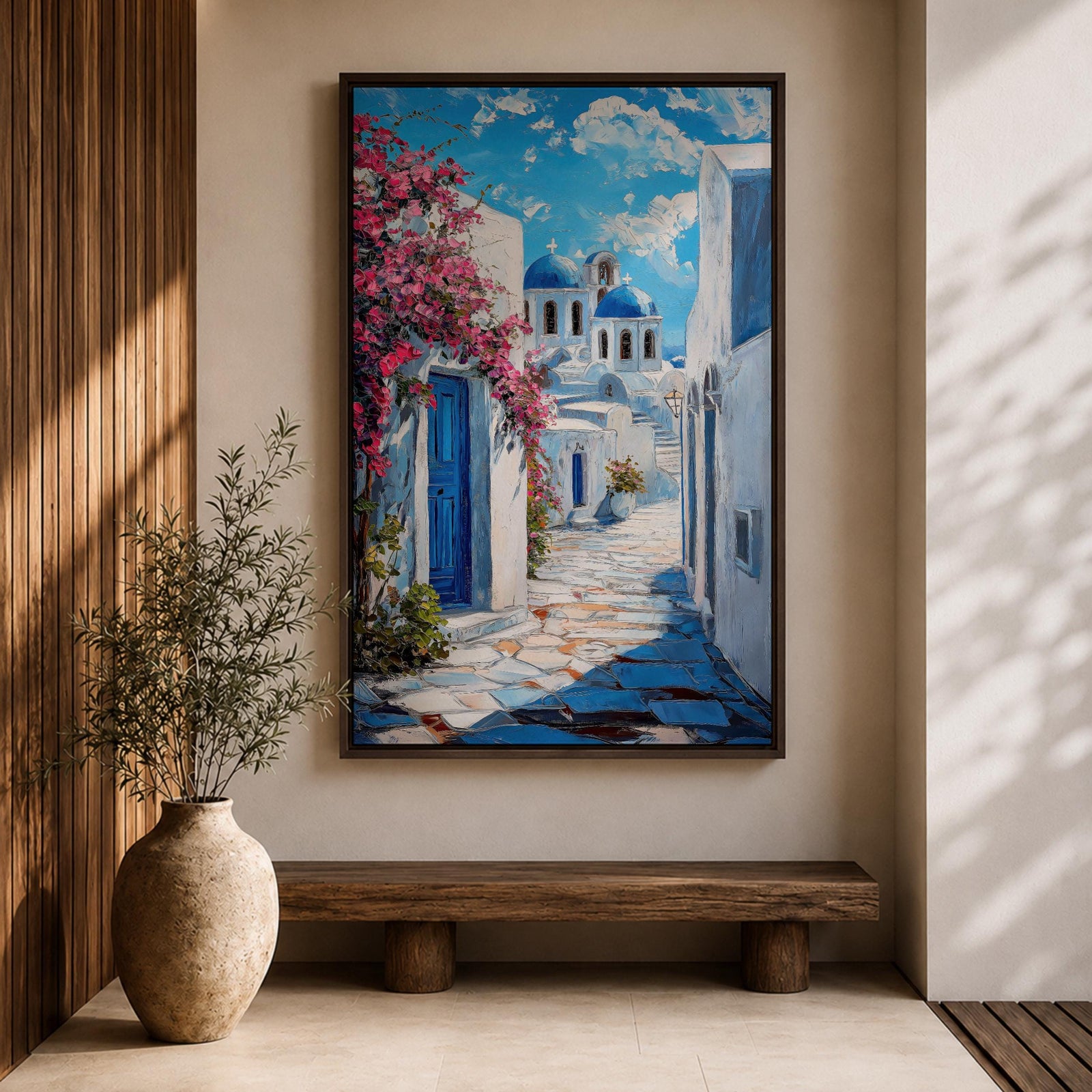 Santorini Village Wall Art Greek Island Street Framed Canvas Mediterranean Coastal Landscape Kitchen Decor