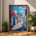 Santorini Village Wall Art Greek Island Street Framed Canvas Mediterranean Coastal Landscape Kitchen Decor