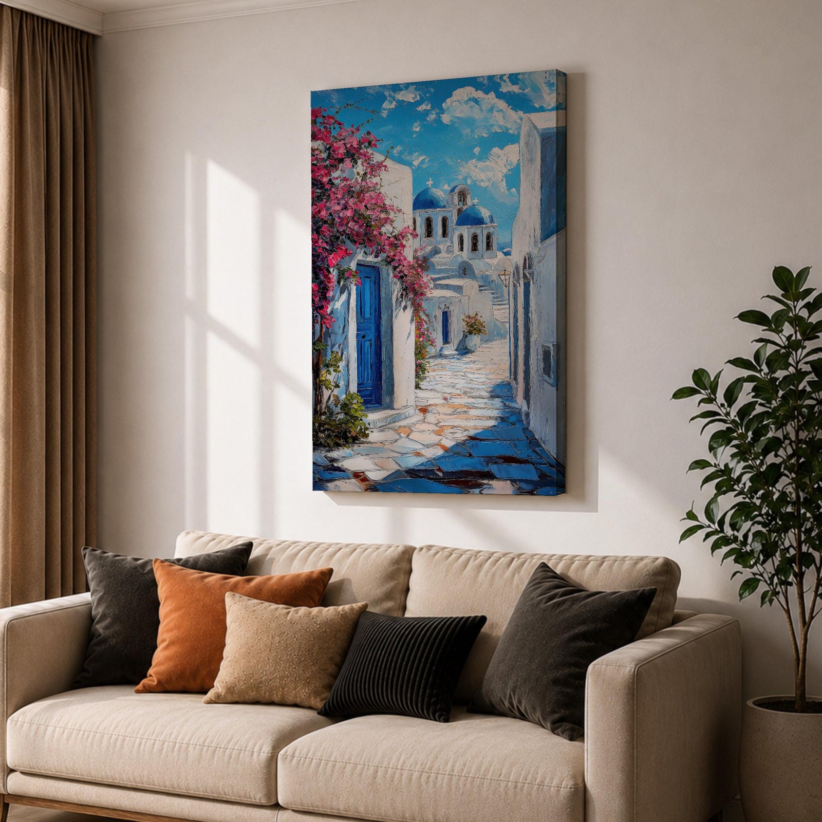 Santorini Village Wall Art Greek Island Street Framed Canvas Mediterranean Coastal Landscape Kitchen Decor