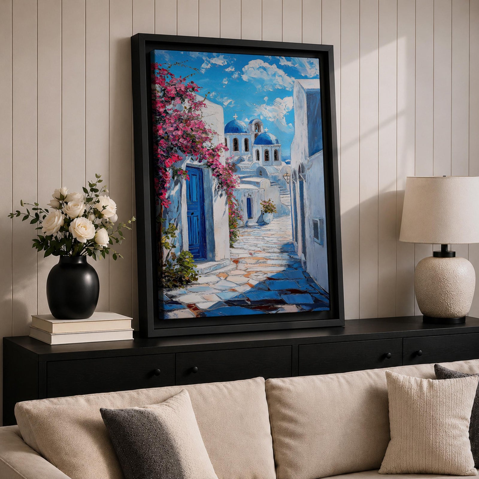 Santorini Village Wall Art Greek Island Street Framed Canvas Mediterranean Coastal Landscape Kitchen Decor