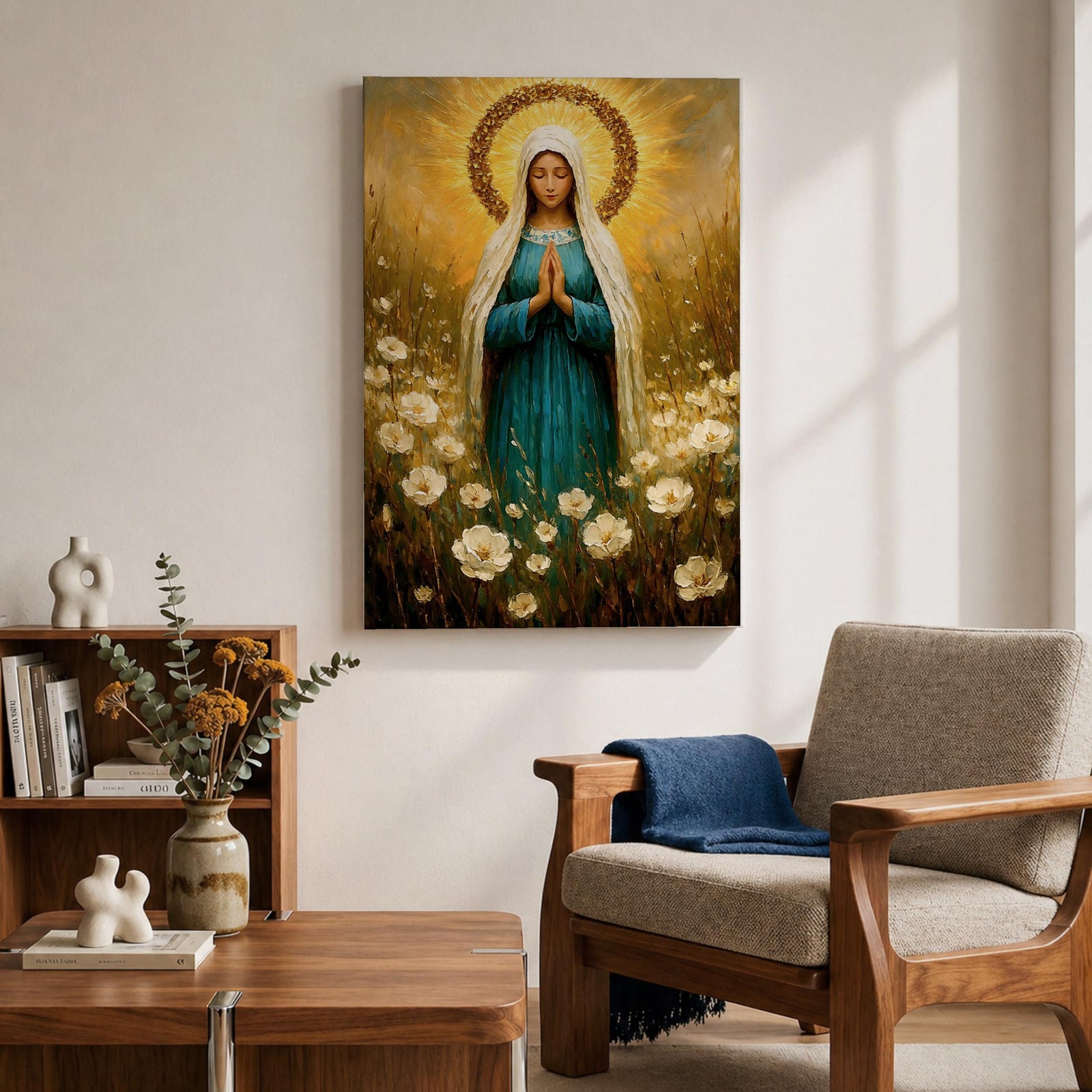 Virgin Mary Wall Art Wildflower Framed Canvas Madonna Christian Prayer Room Home Decor