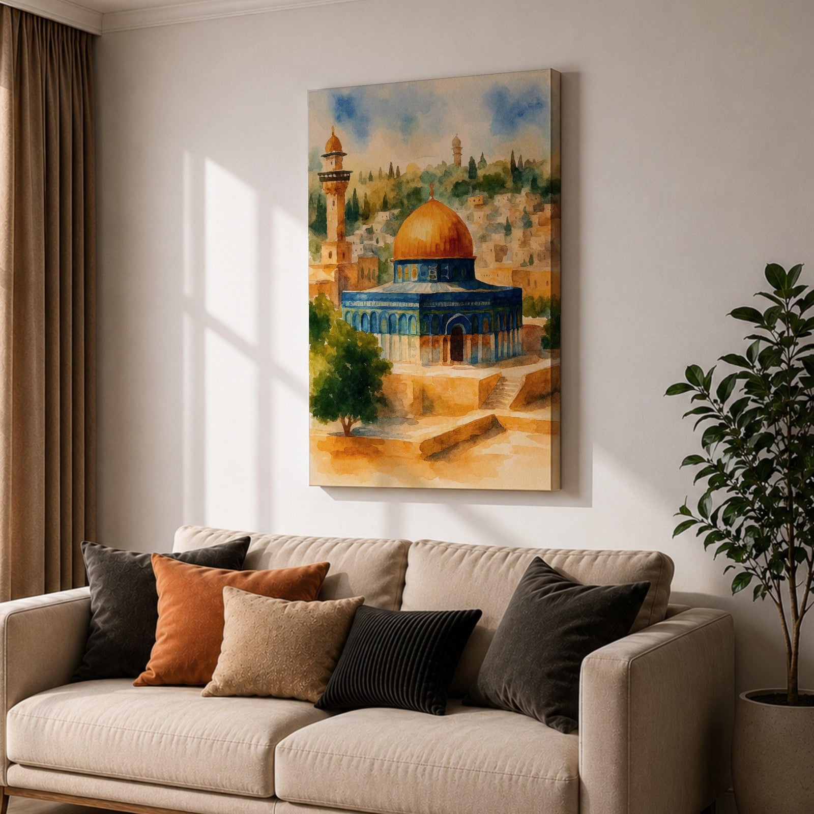 Masjid Al Aqsa Wall Art Old City View Framed Canvas Jerusalem Watercolor Islamic Decor