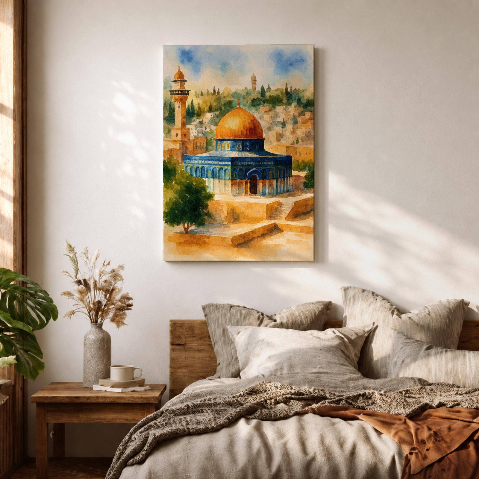 Masjid Al Aqsa Wall Art Old City View Framed Canvas Jerusalem Watercolor Islamic Decor
