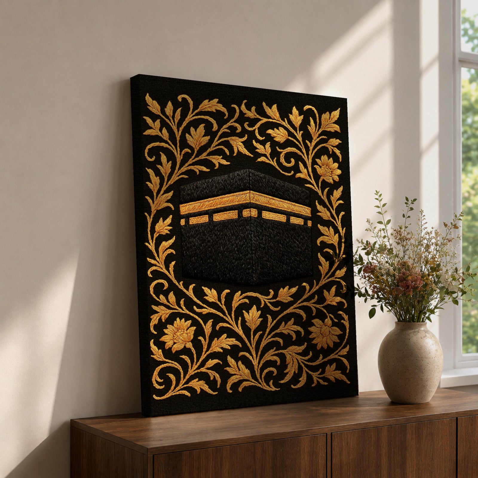 Kaaba Wall Art Gold Embroidery Framed Canvas Masjid Haram Mecca Textile Islamic Home Decor
