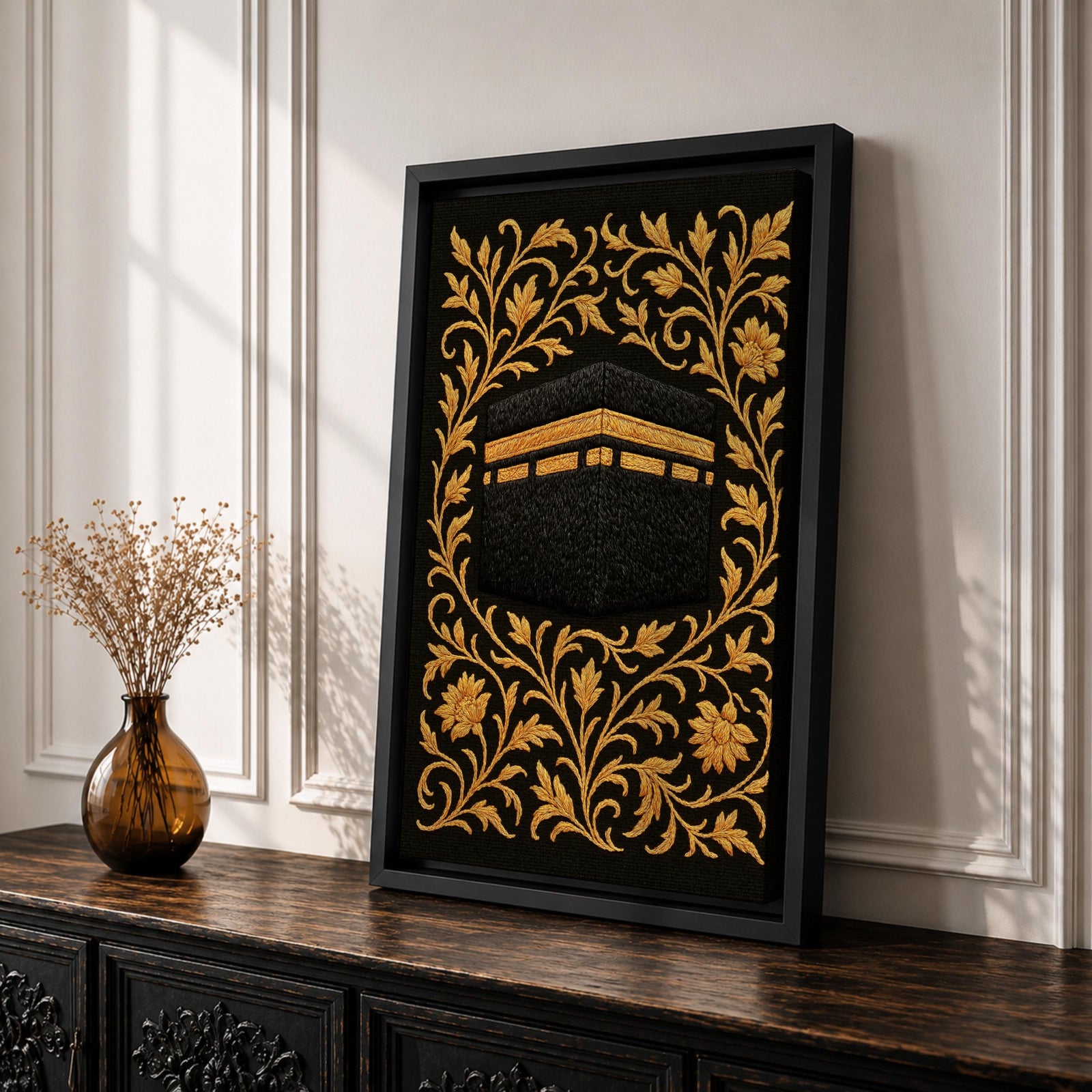 Kaaba Wall Art Gold Embroidery Framed Canvas Masjid Haram Mecca Textile Islamic Home Decor