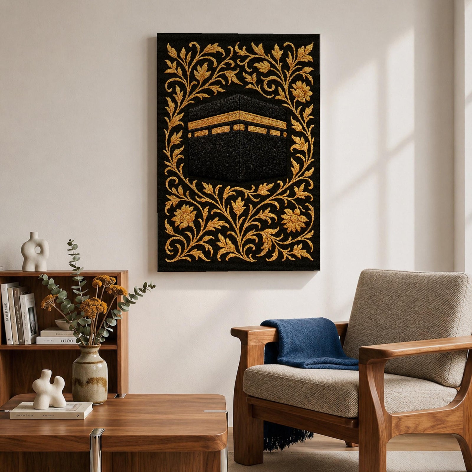 Kaaba Wall Art Gold Embroidery Framed Canvas Masjid Haram Mecca Textile Islamic Home Decor