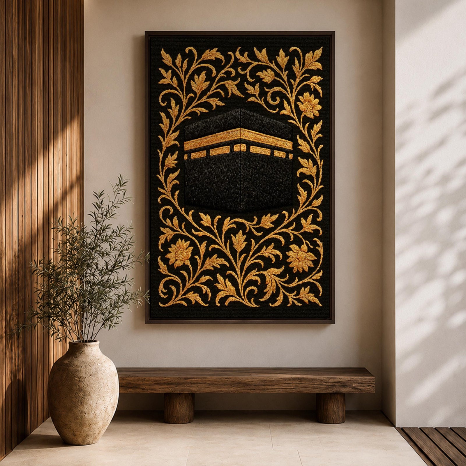 Kaaba Wall Art Gold Embroidery Framed Canvas Masjid Haram Mecca Textile Islamic Home Decor