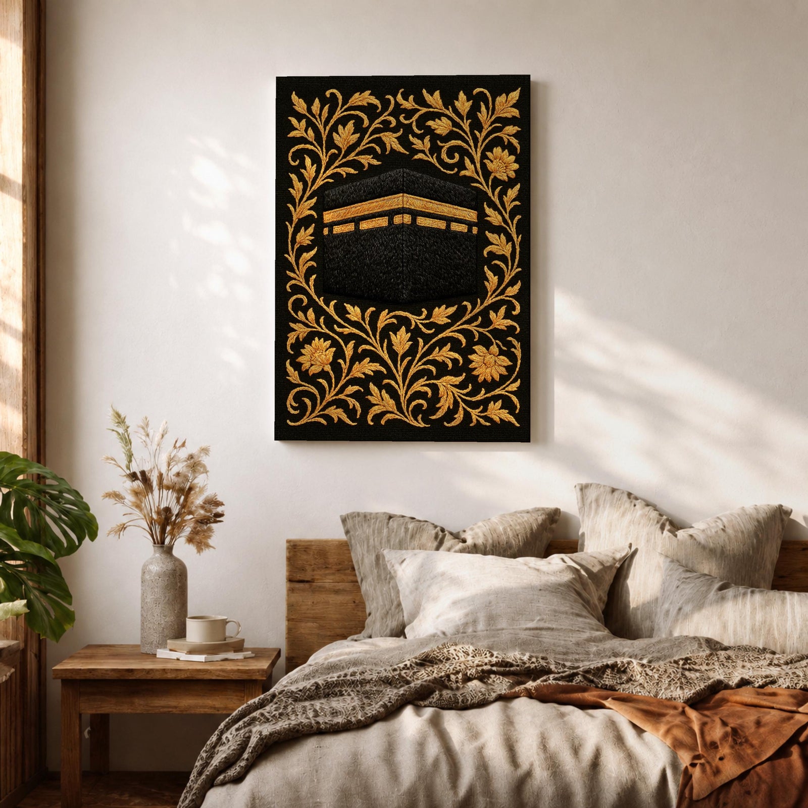 Kaaba Wall Art Gold Embroidery Framed Canvas Masjid Haram Mecca Textile Islamic Home Decor