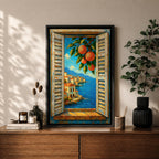 Mediterranean Orange Tree Window Wall Art Italian Coastal View Framed Canvas Seaside Bedroom Decor
