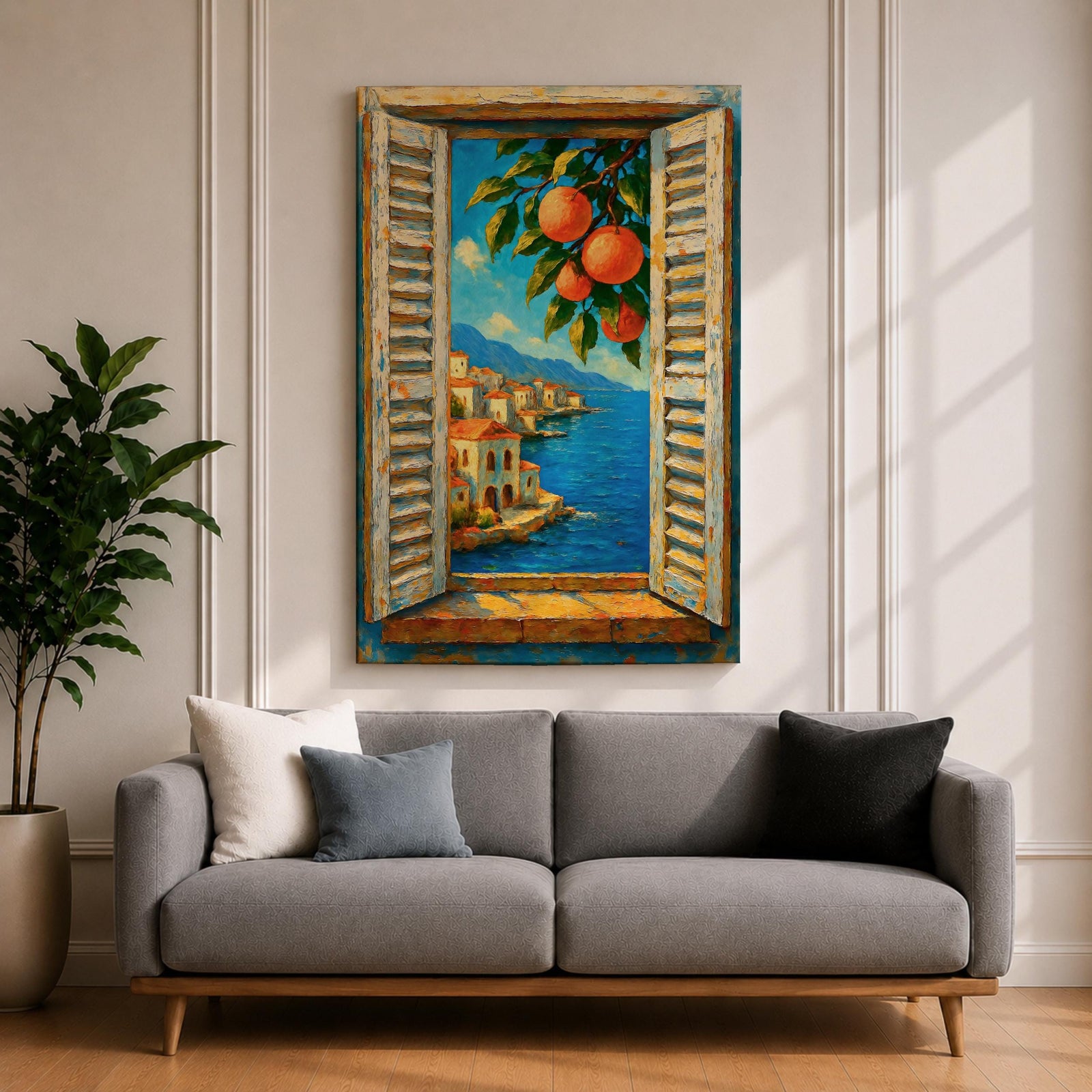 Mediterranean Orange Tree Window Wall Art Italian Coastal View Framed Canvas Seaside Bedroom Decor