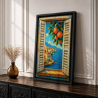 Mediterranean Orange Tree Window Wall Art Italian Coastal View Framed Canvas Seaside Bedroom Decor