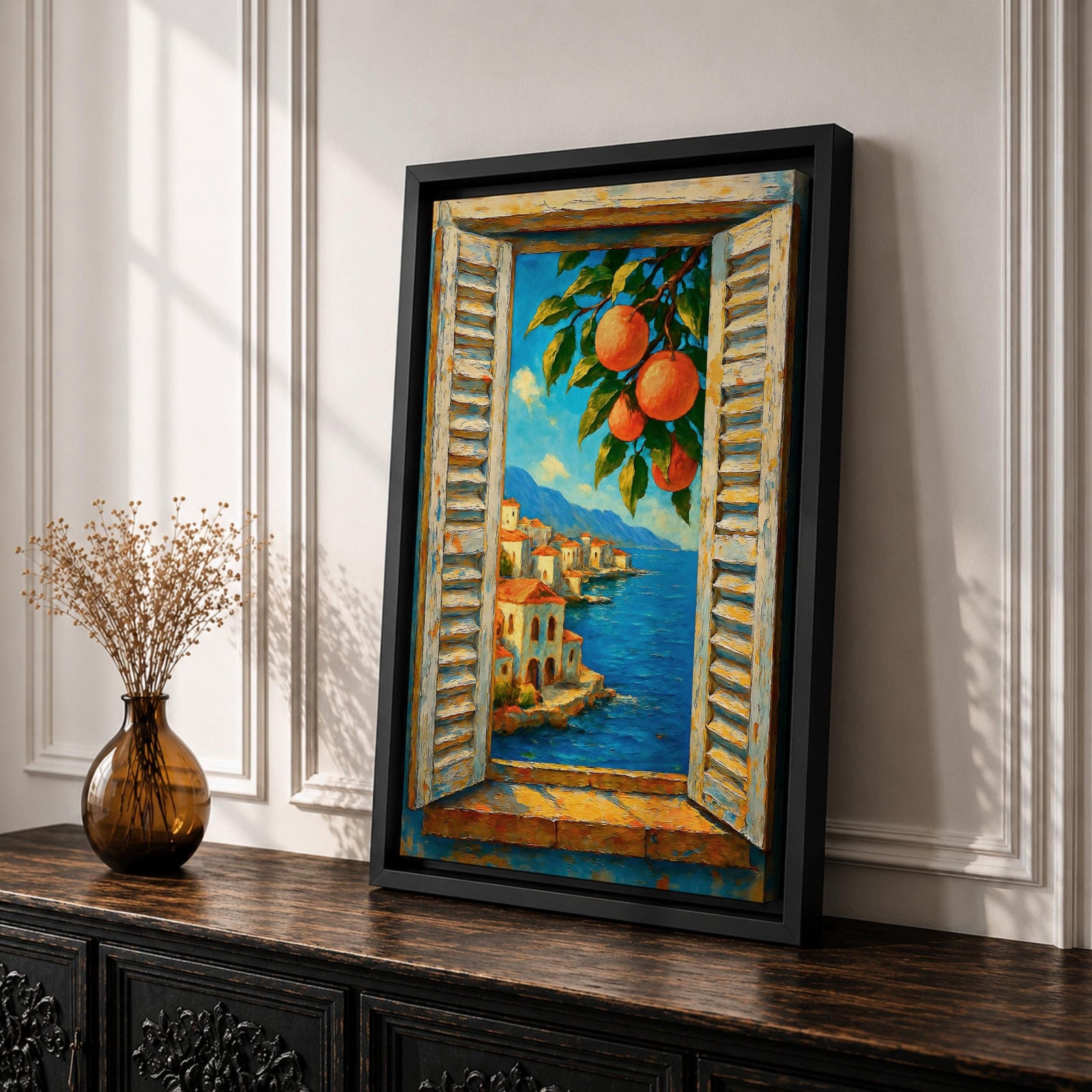 Mediterranean Orange Tree Window Wall Art Italian Coastal View Framed Canvas Seaside Bedroom Decor