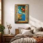 Mediterranean Orange Tree Window Wall Art Italian Coastal View Framed Canvas Seaside Bedroom Decor
