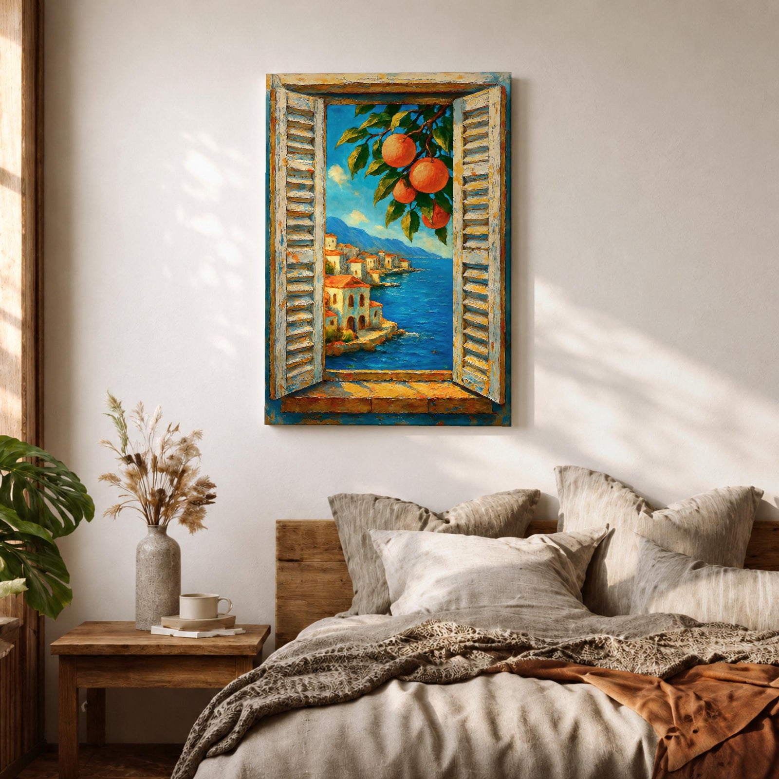 Mediterranean Orange Tree Window Wall Art Italian Coastal View Framed Canvas Seaside Bedroom Decor