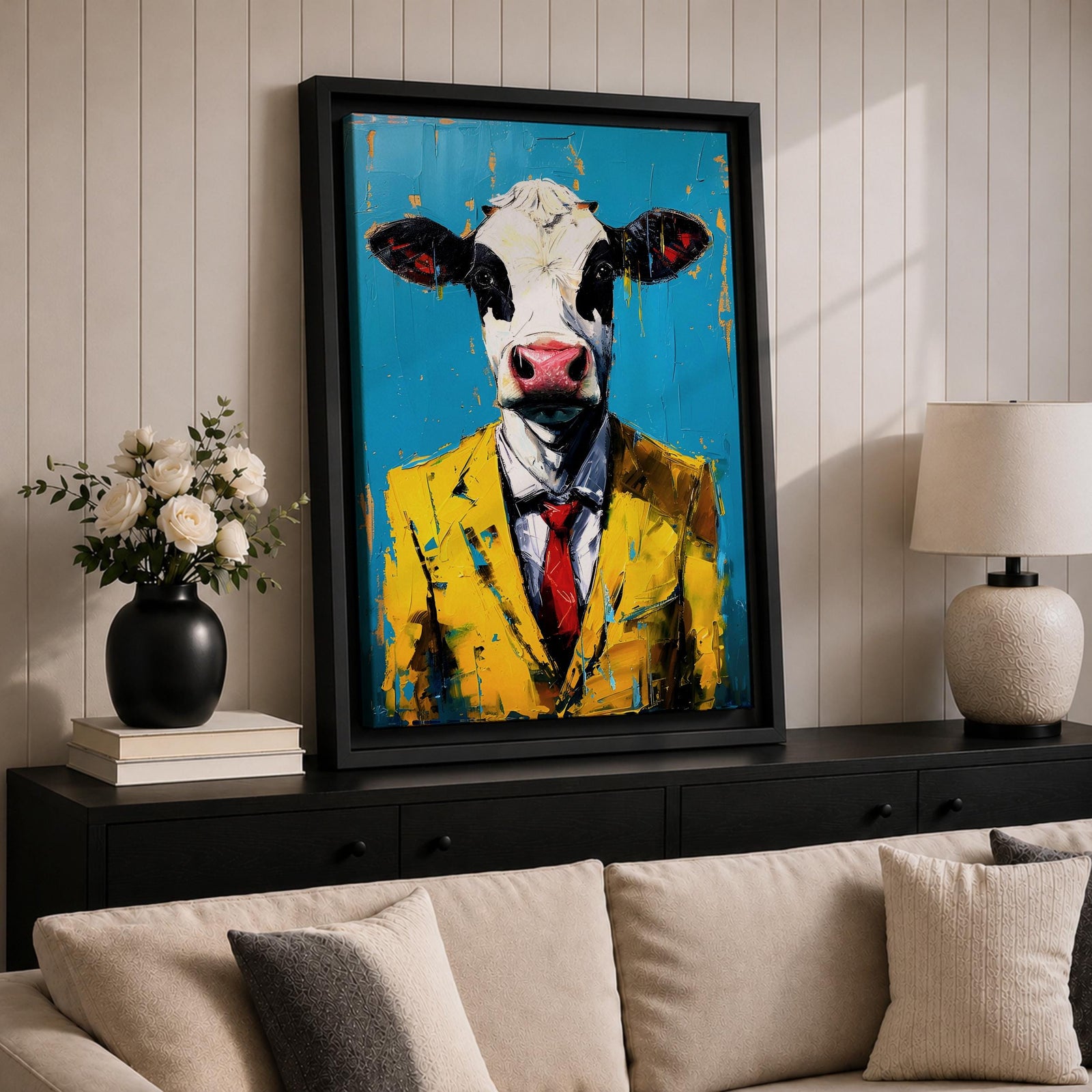 Cow Business Wall Art Portrait Abstract Animal Surreal Modern Humor Gift Office Home Decor