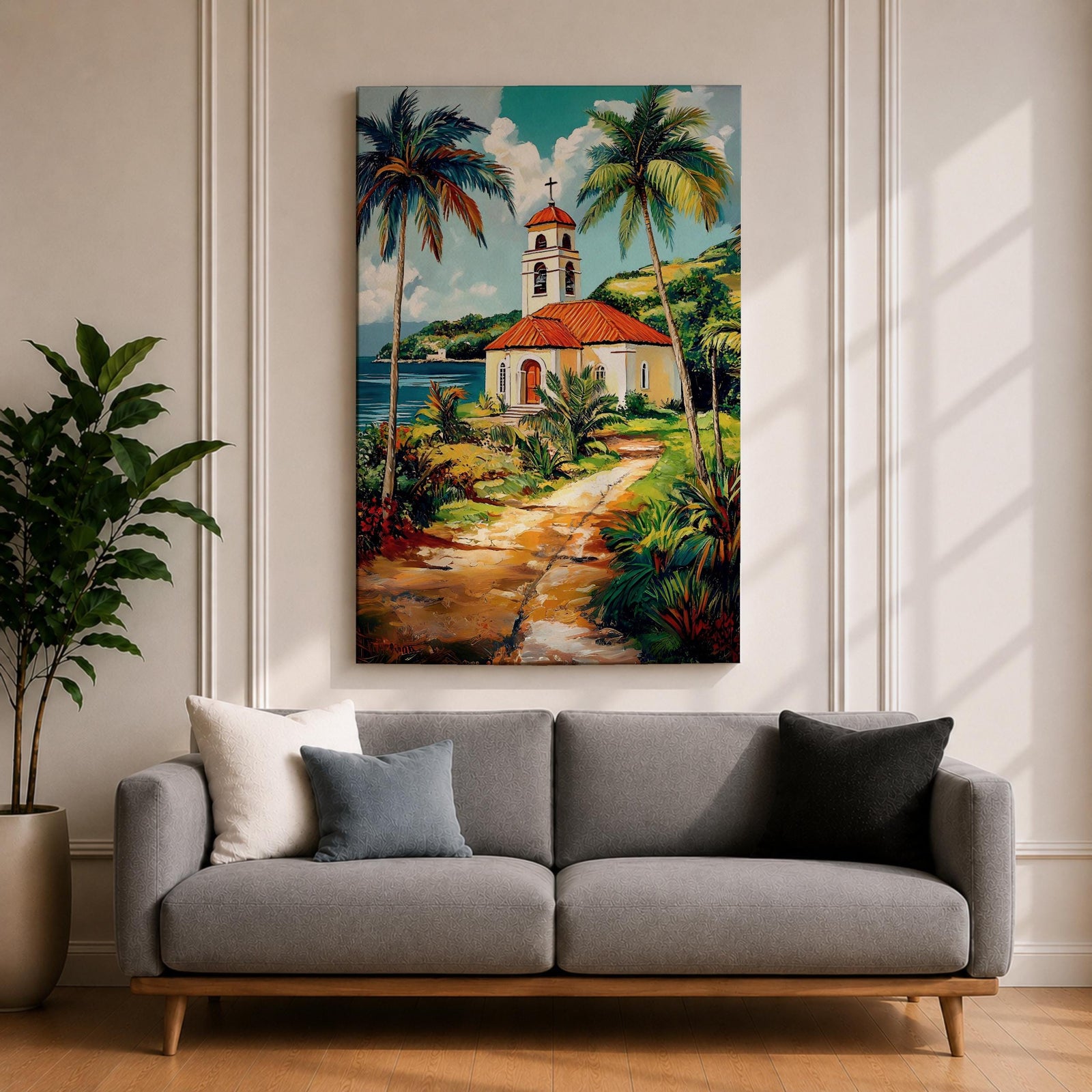 Tropical Church Wall Art Palm Chapel Framed Canvas Coastal Spanish Mission Catholic Home Decor