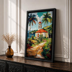 Tropical Church Wall Art Palm Chapel Framed Canvas Coastal Spanish Mission Catholic Home Decor