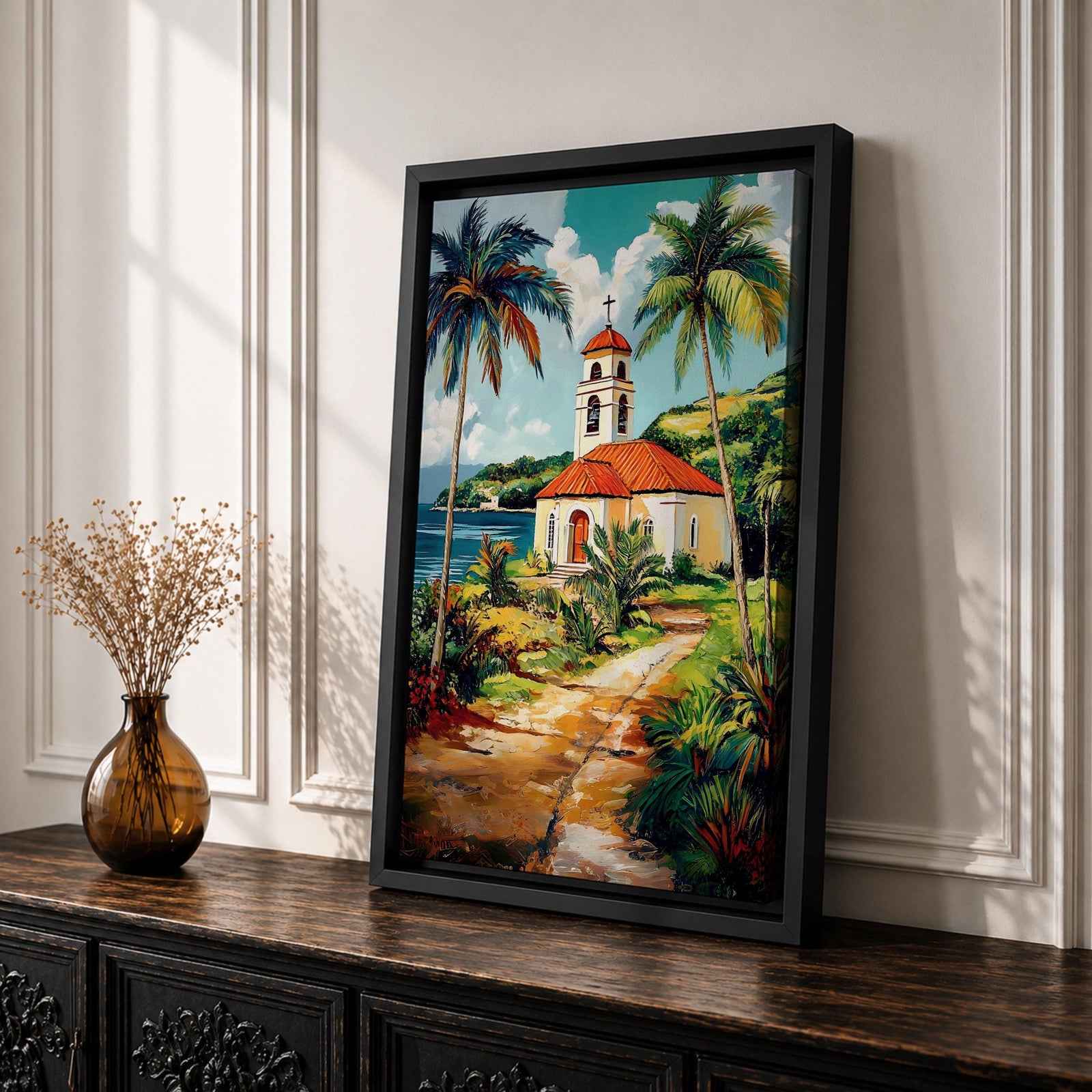 Tropical Church Wall Art Palm Chapel Framed Canvas Coastal Spanish Mission Catholic Home Decor