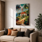 Tropical Church Wall Art Palm Chapel Framed Canvas Coastal Spanish Mission Catholic Home Decor