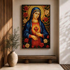 Immaculate Heart of Mary Wall Art Mother of Mercy Framed Canvas Marian Catholic Decor