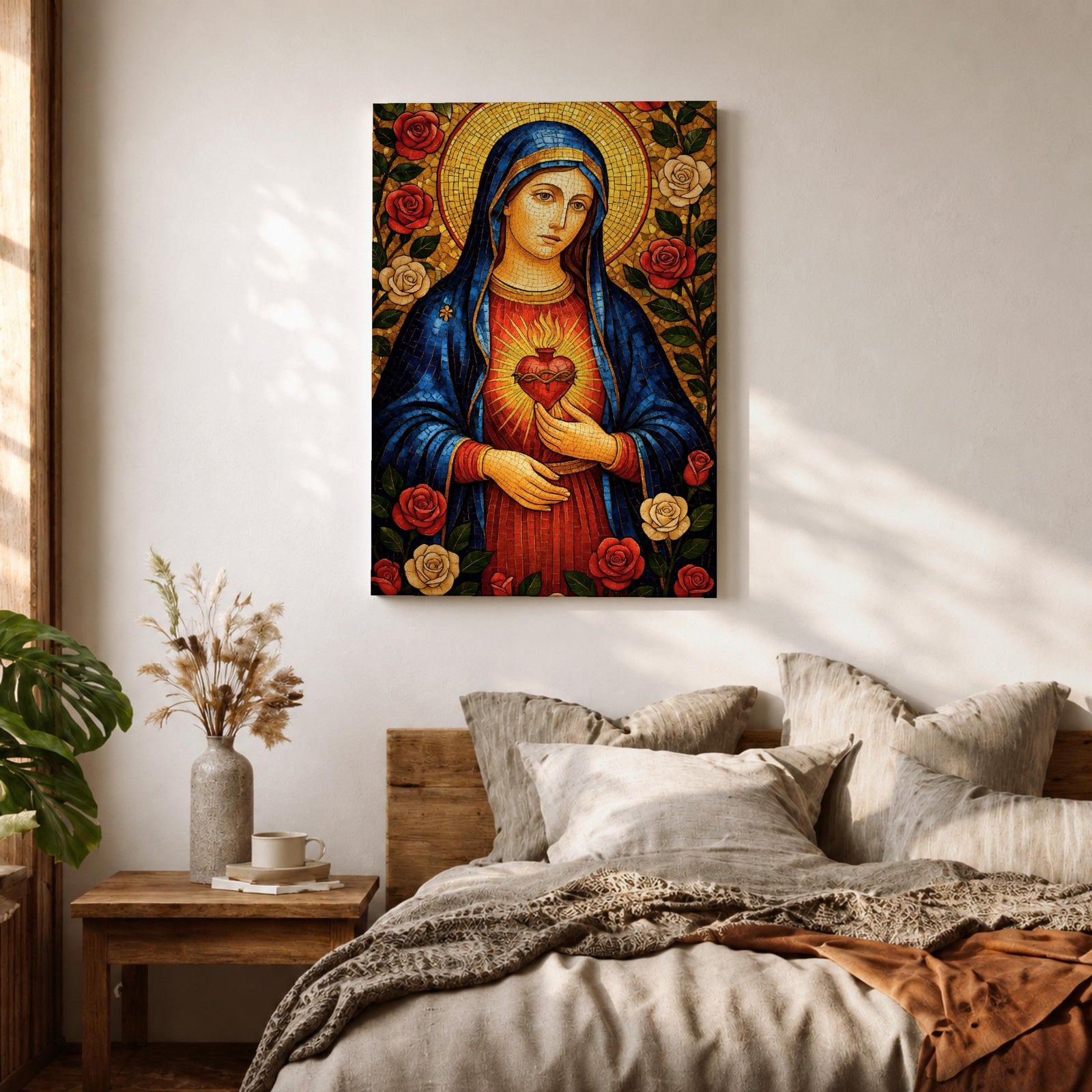 Immaculate Heart of Mary Wall Art Mother of Mercy Framed Canvas Marian Catholic Decor