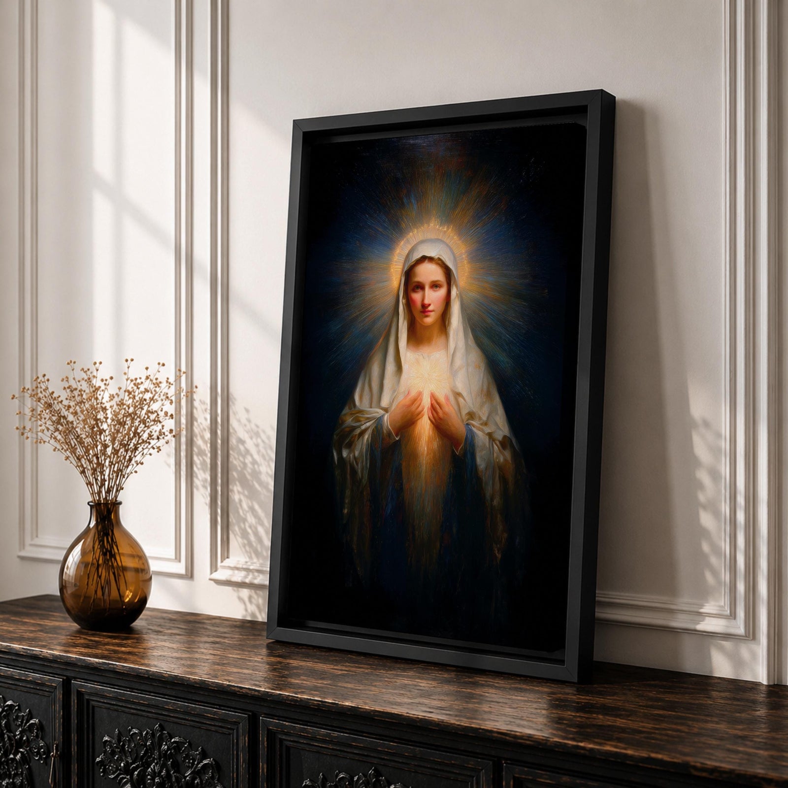 Sacred Heart Mary Wall Art Immaculate Heart Framed Canvas Glowing Catholic Christian Religious Decor