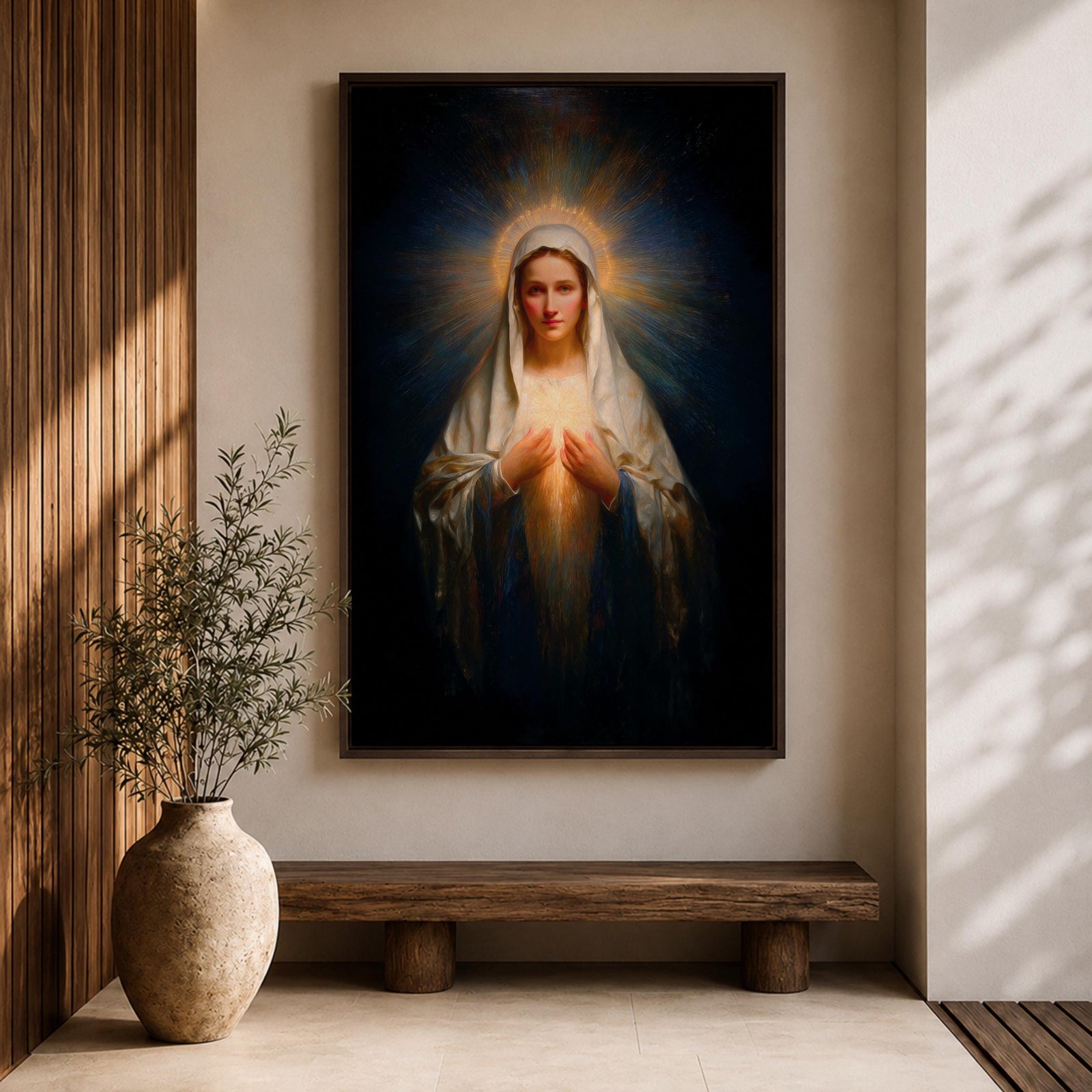 Sacred Heart Mary Wall Art Immaculate Heart Framed Canvas Glowing Catholic Christian Religious Decor