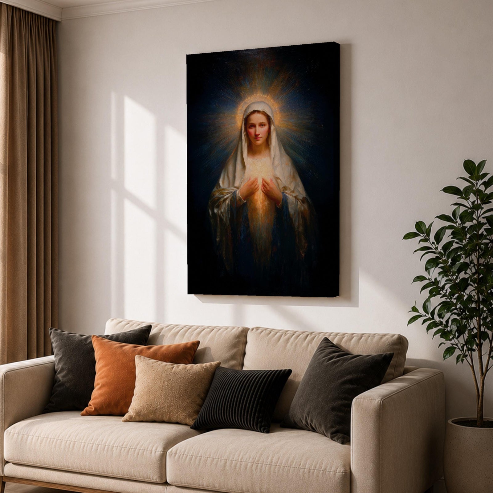Sacred Heart Mary Wall Art Immaculate Heart Framed Canvas Glowing Catholic Christian Religious Decor