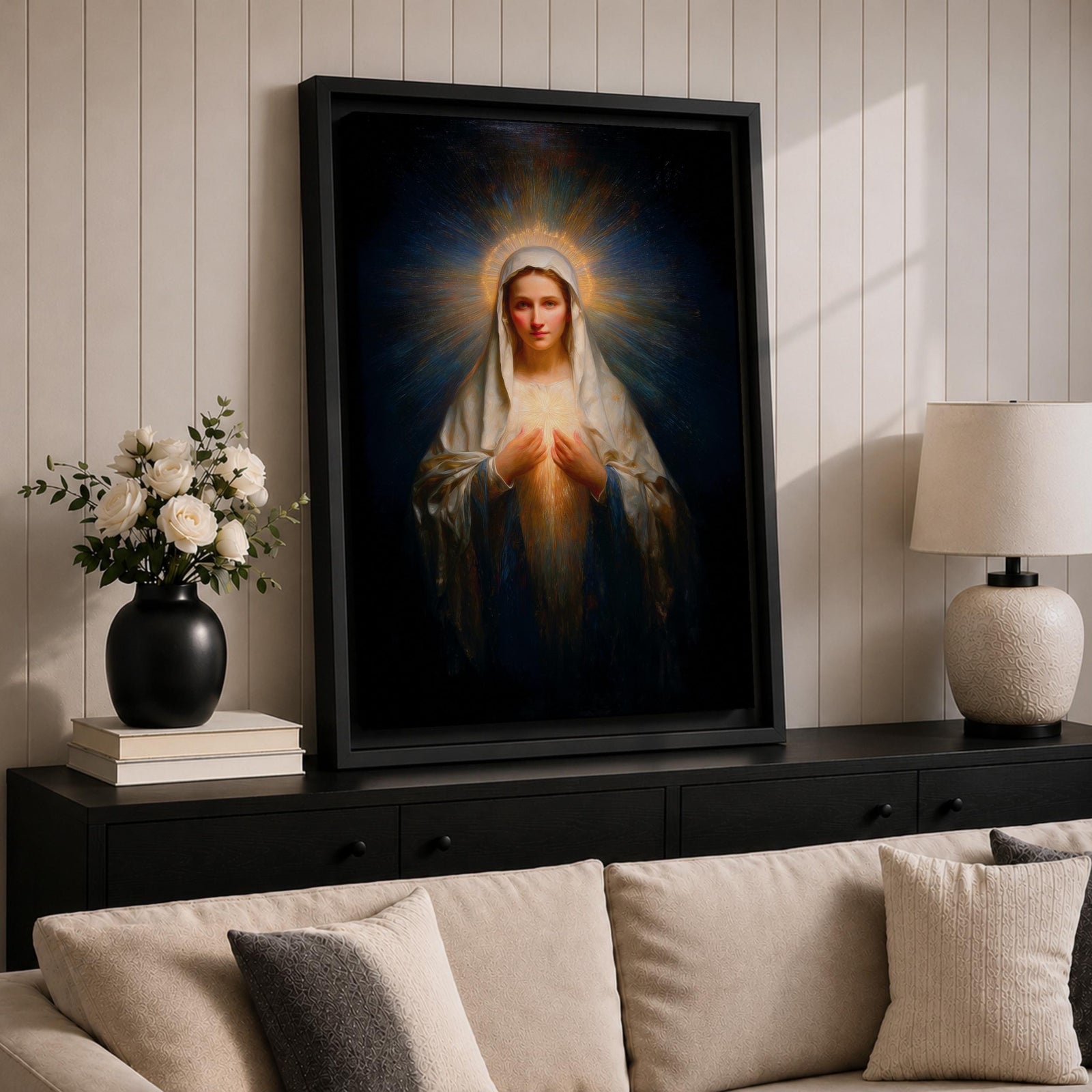 Sacred Heart Mary Wall Art Immaculate Heart Framed Canvas Glowing Catholic Christian Religious Decor