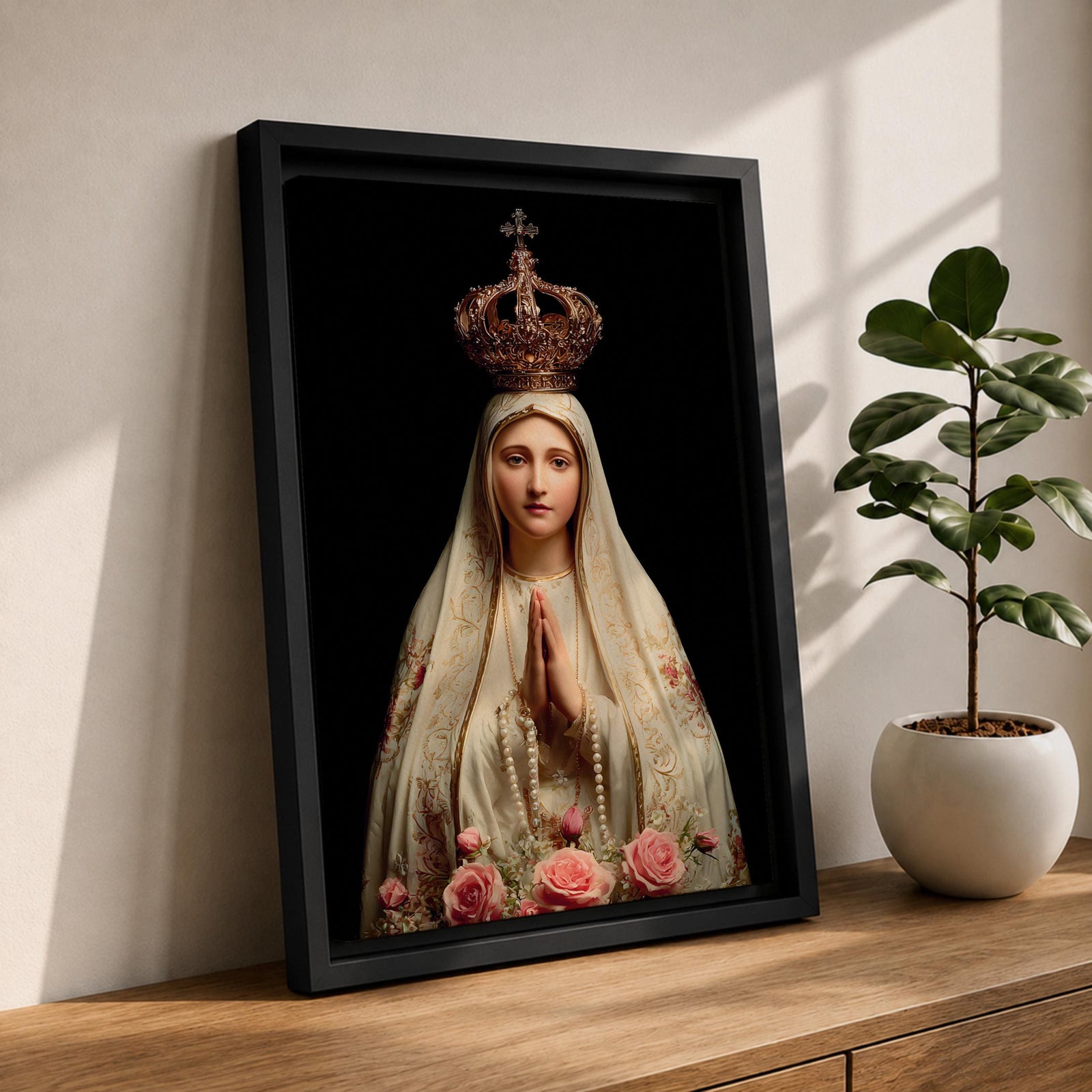 Our Lady of Fatima Wall Art Praying Portrait Framed Canvas Madonna Catholic Christian Decor