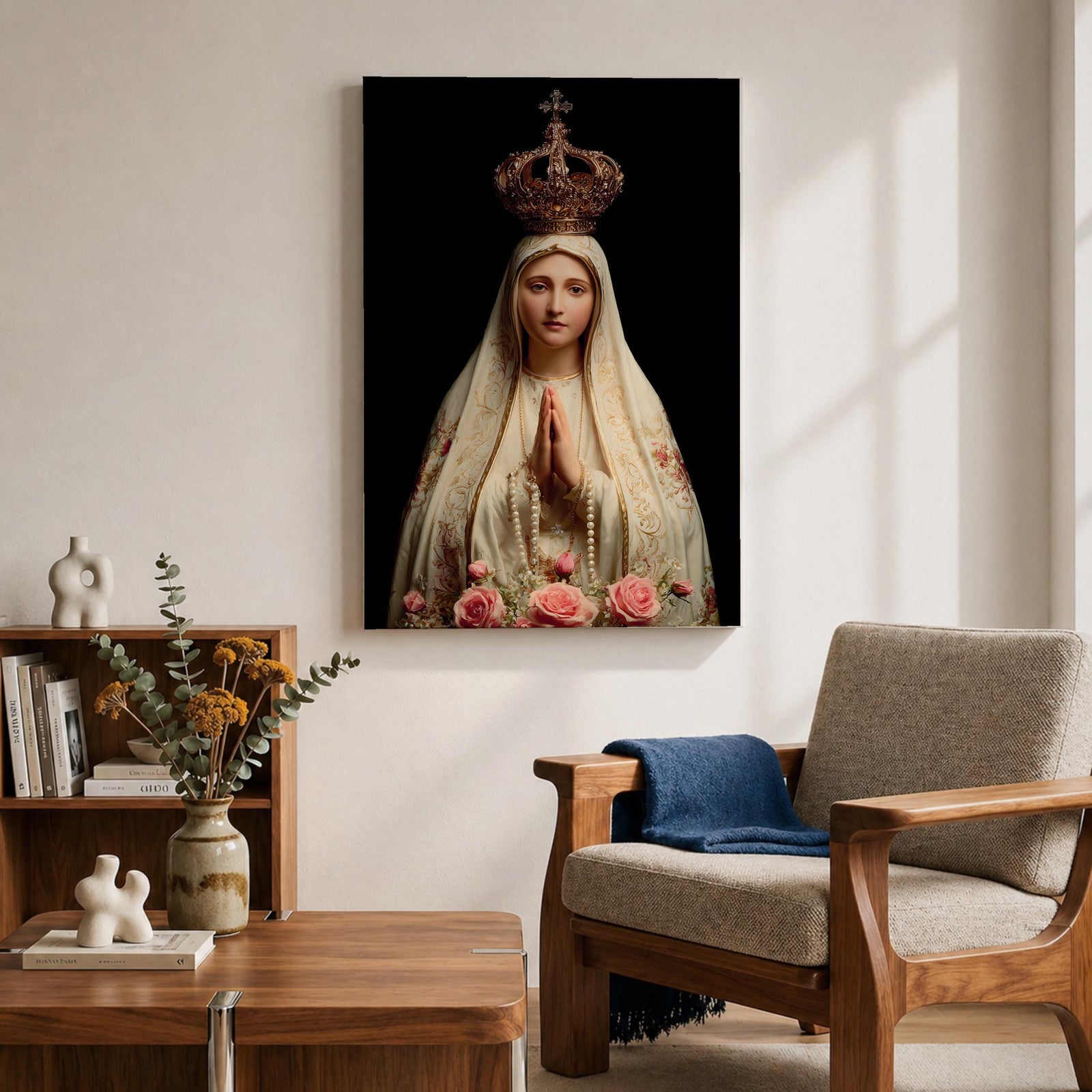 Our Lady of Fatima Wall Art Praying Portrait Framed Canvas Madonna Catholic Christian Decor