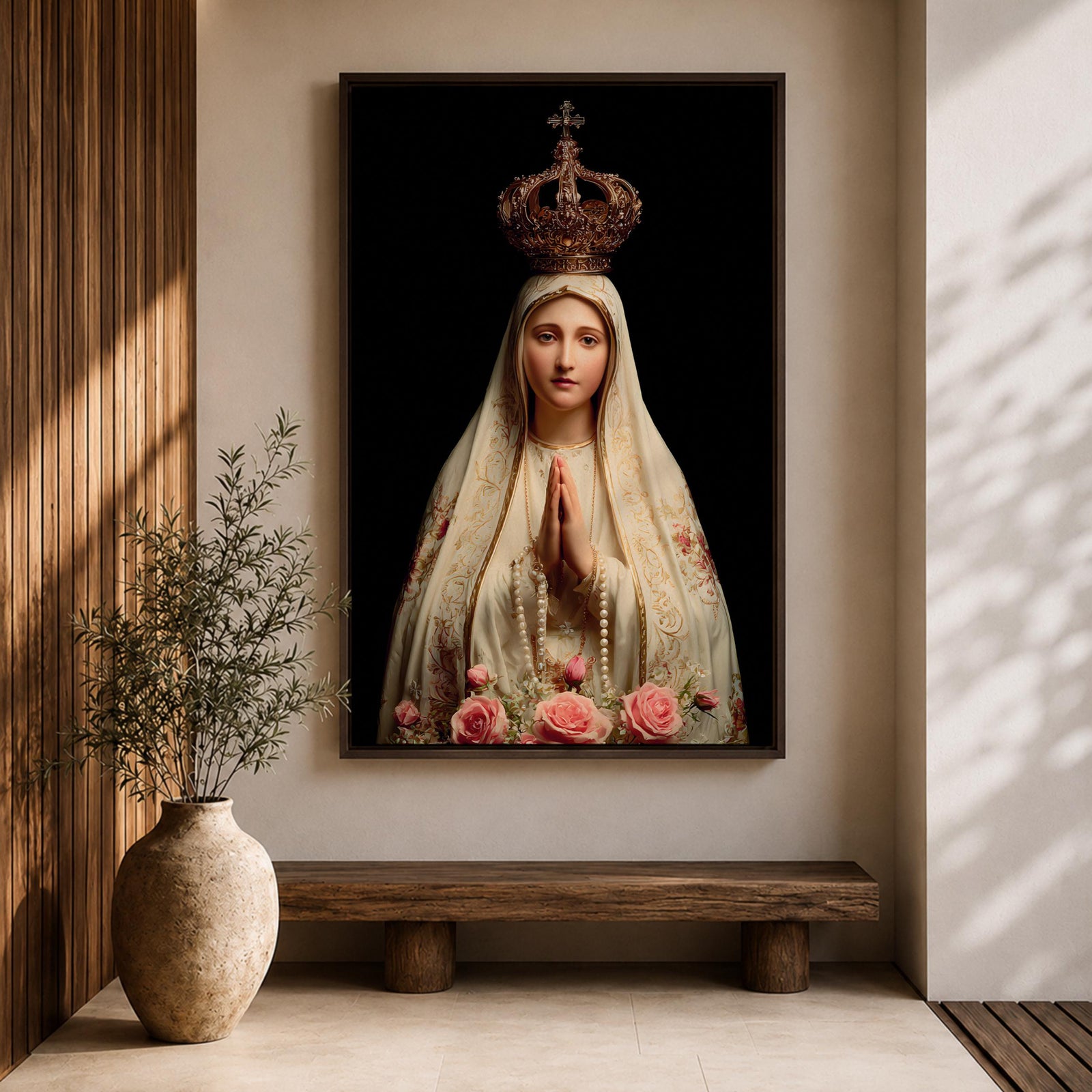 Our Lady of Fatima Wall Art Praying Portrait Framed Canvas Madonna Catholic Christian Decor