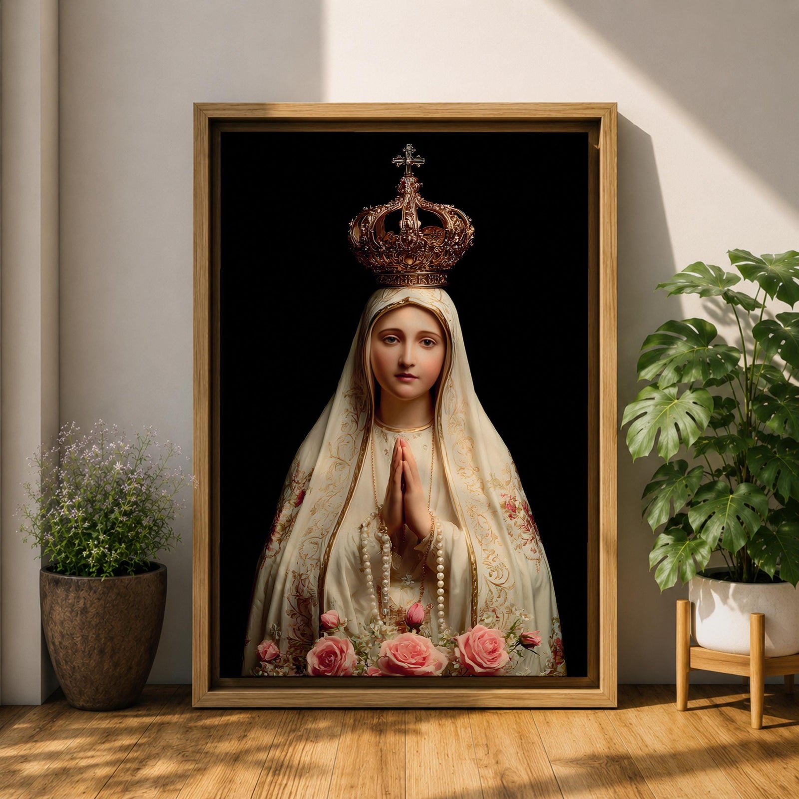 Our Lady of Fatima Wall Art Praying Portrait Framed Canvas Madonna Catholic Christian Decor