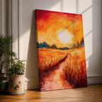 Golden Wheat Field Wall Art Sunset Path Framed Canvas Rustic Landscape Living Room Decor