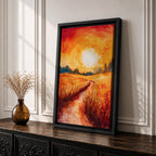 Golden Wheat Field Wall Art Sunset Path Framed Canvas Rustic Landscape Living Room Decor