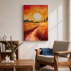 Golden Wheat Field Wall Art Sunset Path Framed Canvas Rustic Landscape Living Room Decor