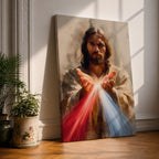 Divine Mercy Jesus Wall Art Christ Framed Canvas Red Blue Rays Catholic Boho Decor