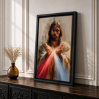 Divine Mercy Jesus Wall Art Christ Framed Canvas Red Blue Rays Catholic Boho Decor