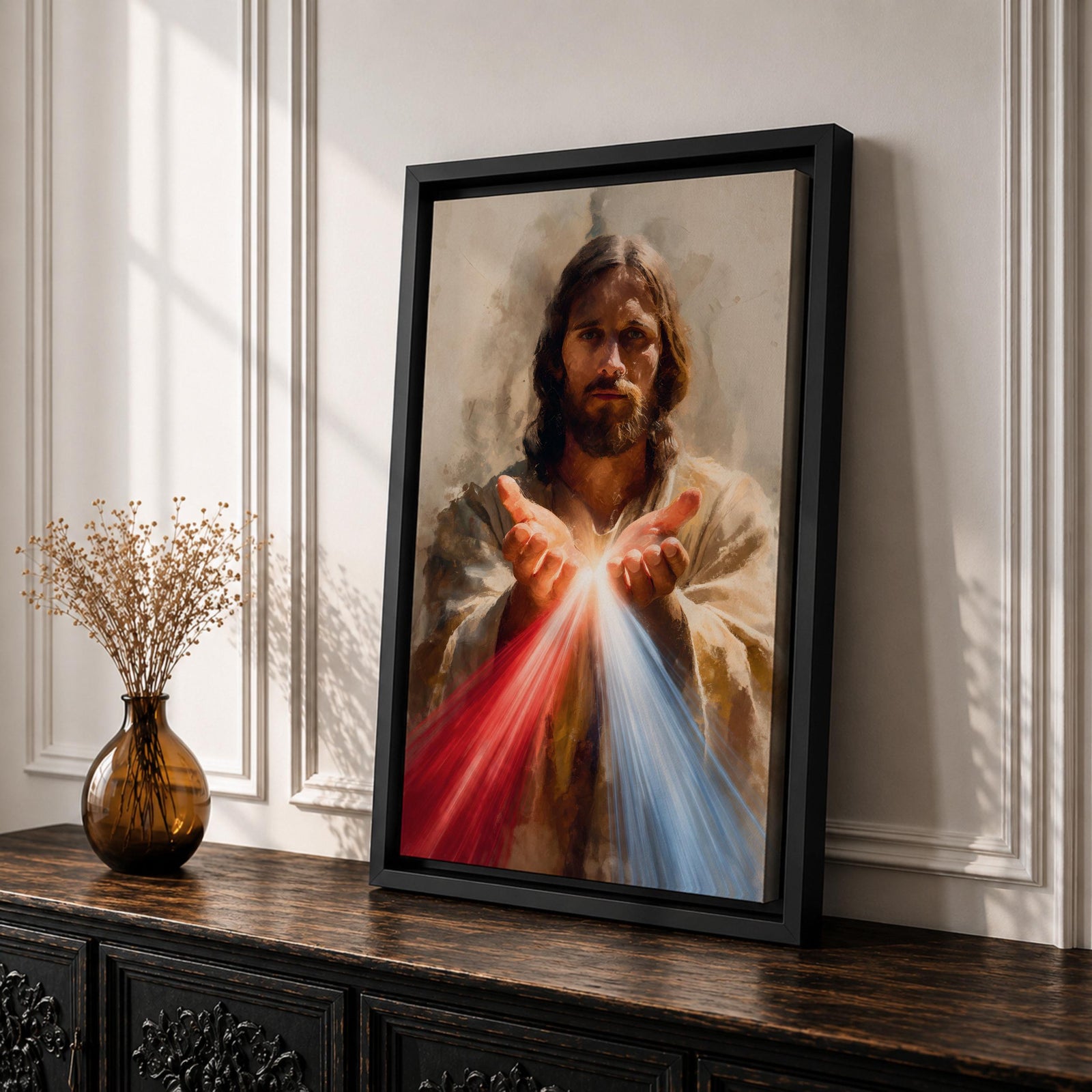 Divine Mercy Jesus Wall Art Christ Framed Canvas Red Blue Rays Catholic Boho Decor