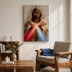 Divine Mercy Jesus Wall Art Christ Framed Canvas Red Blue Rays Catholic Boho Decor